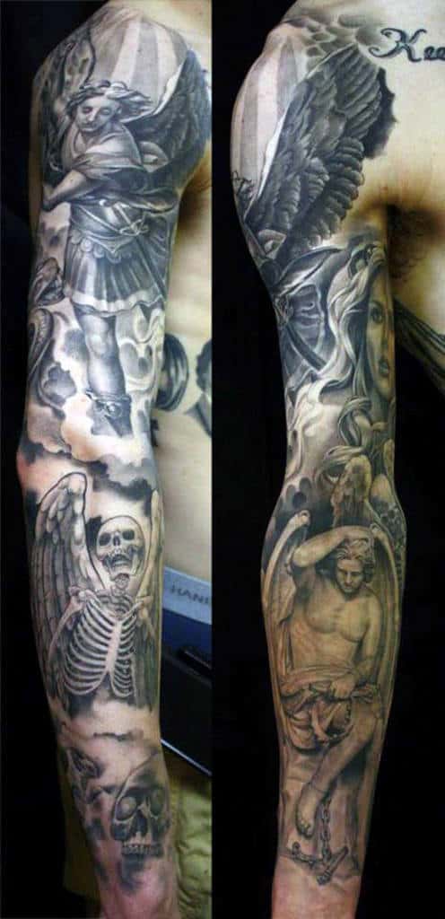 Full sleeve tattoos featuring angels, skeletons, and intricate, detailed designs