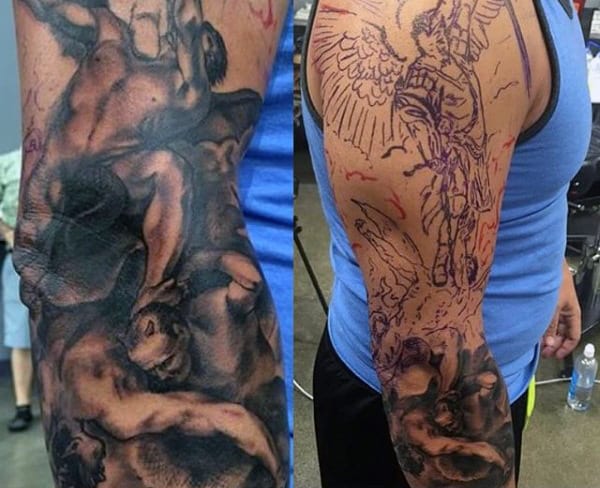 Arm tattoo with designs of figures and celestial imagery.