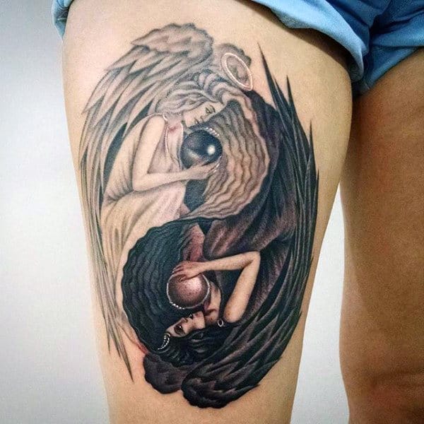 Angel Thigh Yin Yang Symbol Tattoo For Men