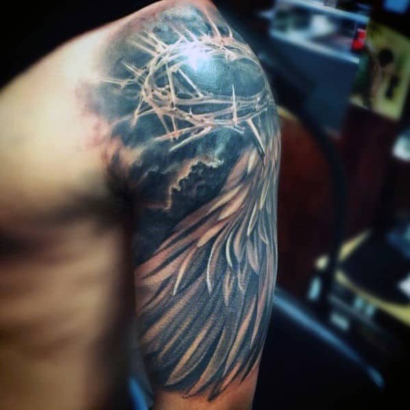Angel Wing With Crown Of Thorns Mens Half Sleeve Tattoos