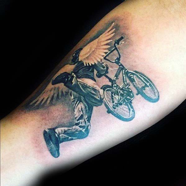 Angel Wings Bmx Rider Guys Inner Forearm Tattoo