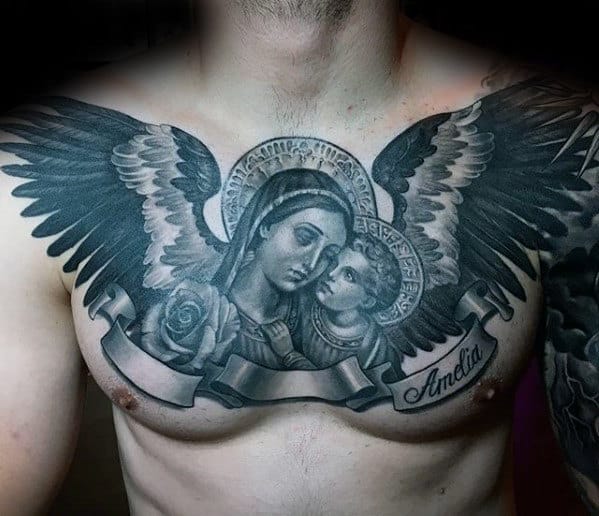 Angel Wings Mother Mary Guys Catholic 3d Upper Chest Tattoo