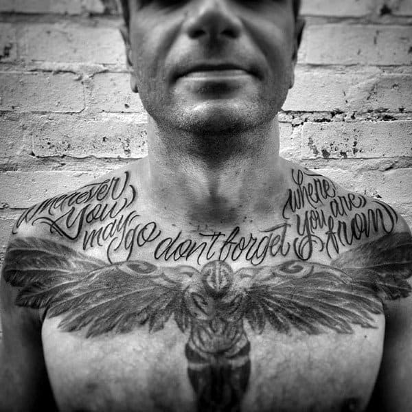 Angel Wings Script Guys Upper Chest Tattoos