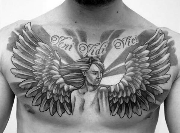 Angel Wings Veni Vidi Vici Sunray Male Chest Tattoo