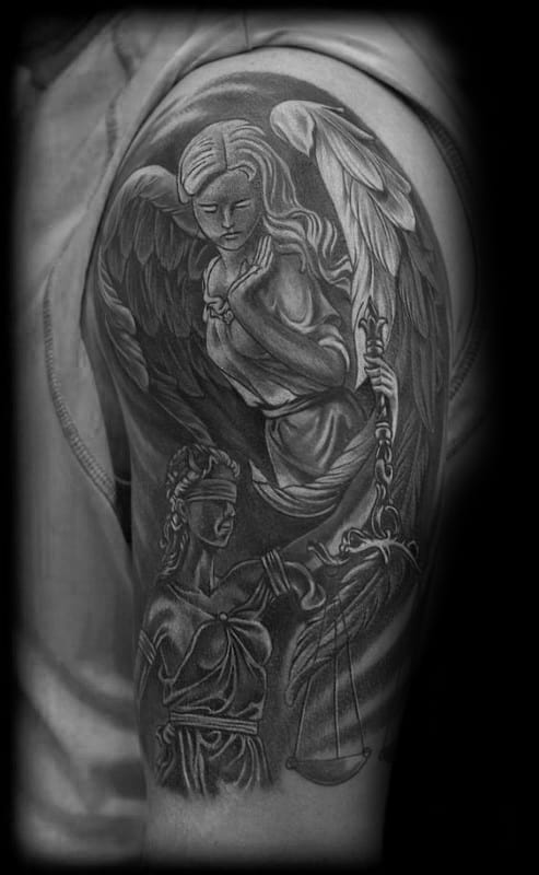 Angel Wings With Lady Justice Mens Half Sleeve Tattoo