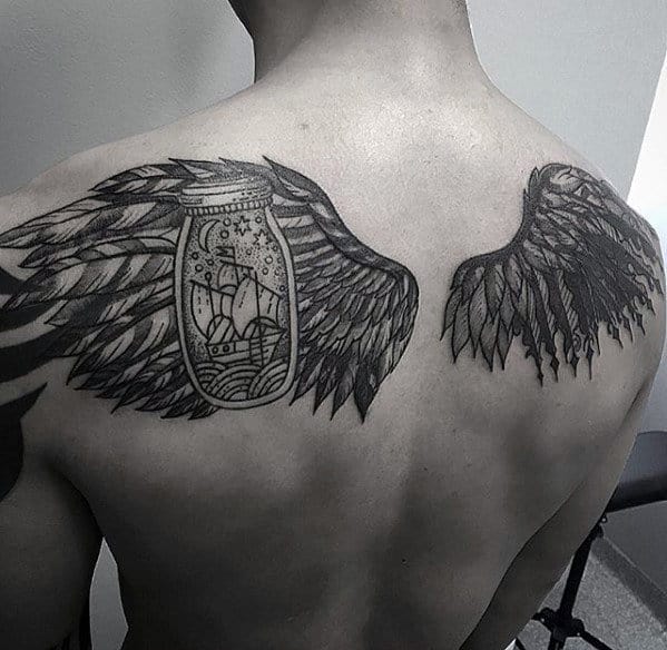 Angel Wings With Ship In A Bottle Guys Cool Upper Back Tattoos