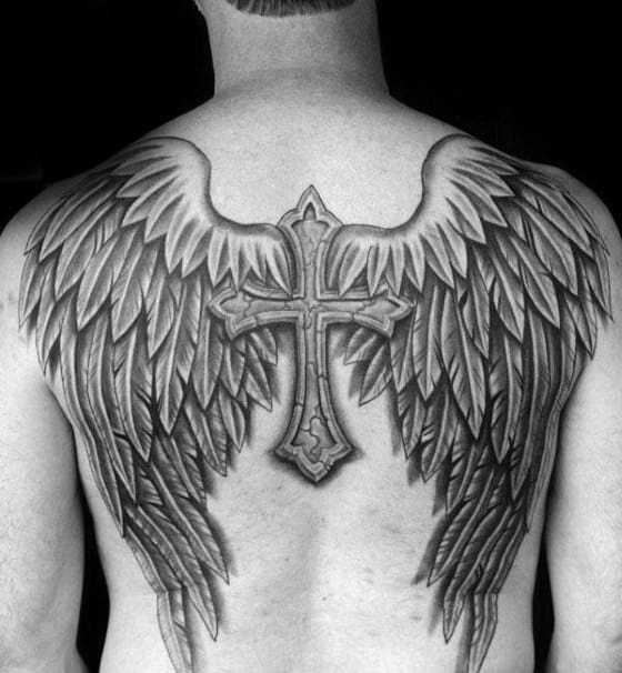 Angel Wings With Stone Cross Badass Back Tattoos For Guys