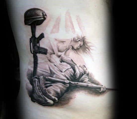 Angel With Fallen Soldier Mens 3d Rib Cage Side Tattoo