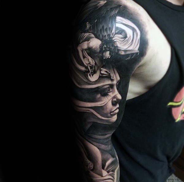 Angel With Female Portrait Guys Nice Full Arm Sleeve Tattoos