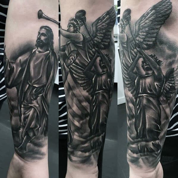 Angel With Jesus Guys Forearm Tattoo Design Ideas