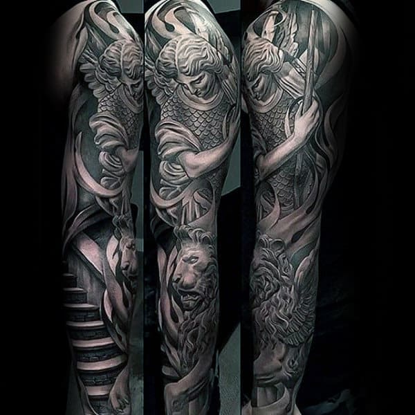 Tattoo sleeve depicting an angel, a staircase, and a lion in detailed grayscale