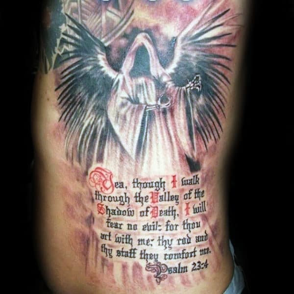 Angel With Psalm 23 Bible Verse Mens Full Rib Cage Side Tattoos