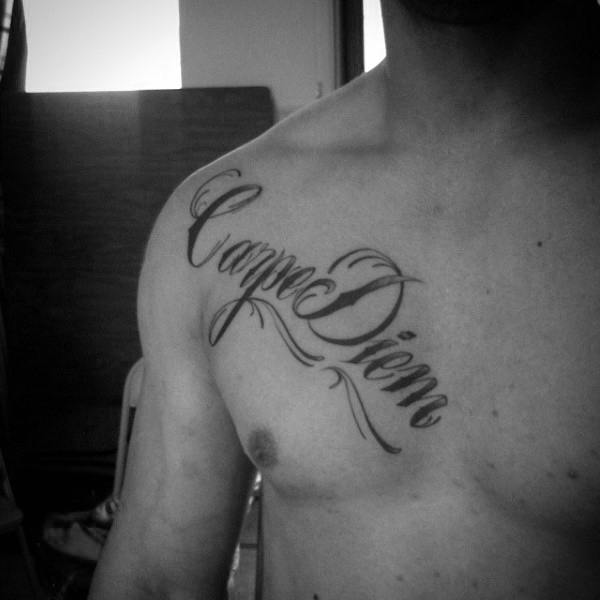 Angled Carpe Diem Male Chest Tattoos