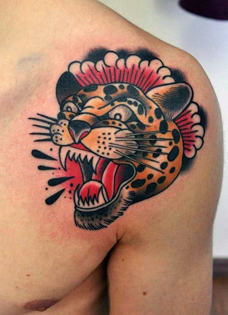 Angry Cheetah Old School Traditional Upper Chest Tattoos For Men