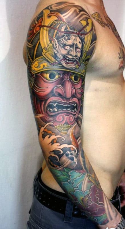 Angry Faces Japanese Sleeve Tattoo Men