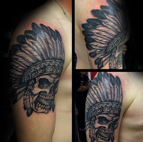 Angry Indian Skull Mens Upper Arm Tattoo