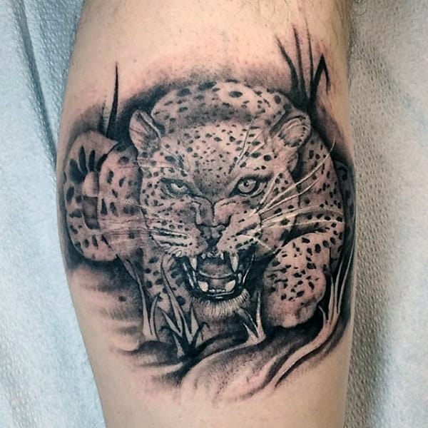 Angry Leopard Guy Leg Calf Tattoo Designs