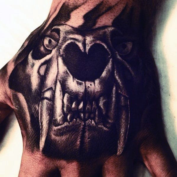 Angry Lion Skull Mens White And Black Ink Hand Tattoos