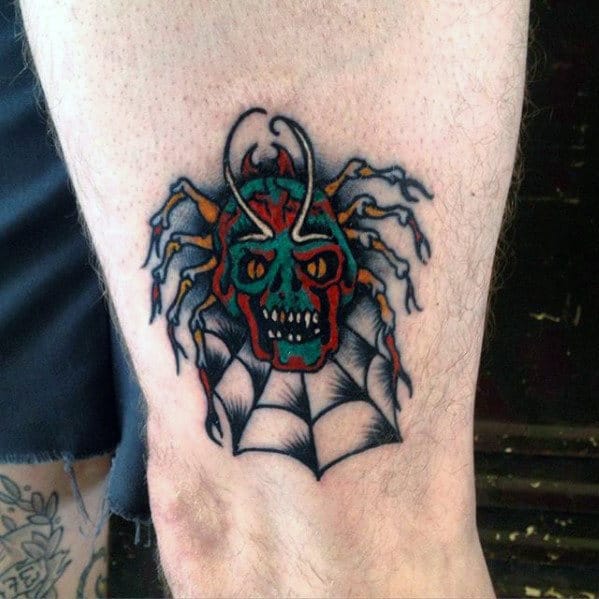 Angry Skull With Spider And Web Male Traditional Leg Tattoos