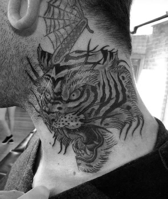 Angry Tiger Mens Neck Traditional Tattoo Inspiration
