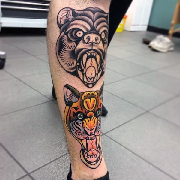 Angry Traditional Bear Male Shin Tattoo Design