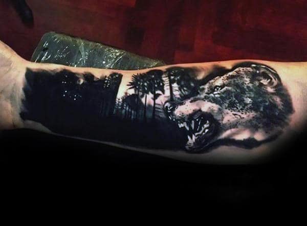 Angry Wolf With Black Ink Forest Guys Forearm Tattoo