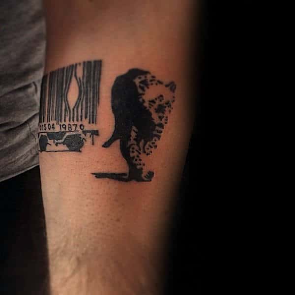 Animal Breaking Out Of Barcode Cage Guys Banksy Forearm Tattoo