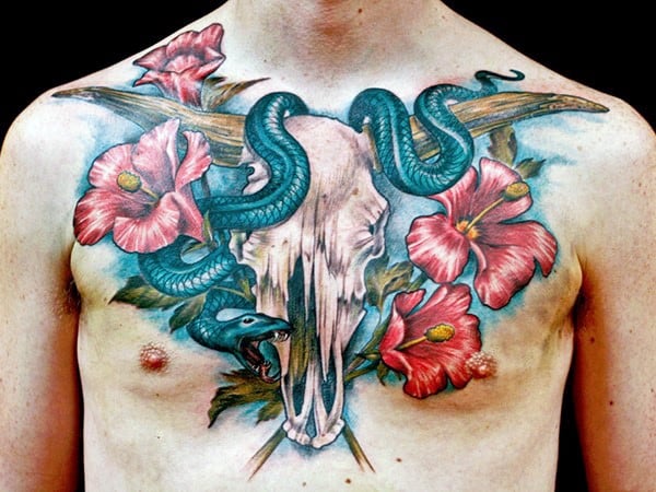Animal Skull With Snake And Hibiscus Flowers Mens Chest Tattoo