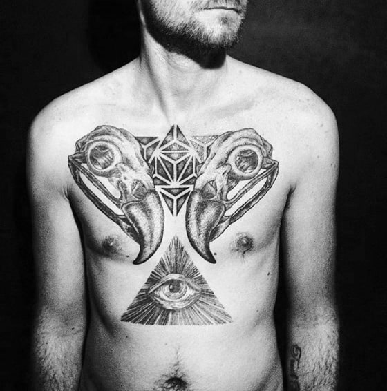 Animal Skulls With Eye Of Providence Mens Chest Tattoo