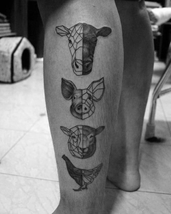 Leg tattoo showing geometric cow, pig, sheep, and chicken designs in black ink