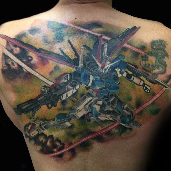 Anime Back Watercolor Male Gundam Tattoo Ideas