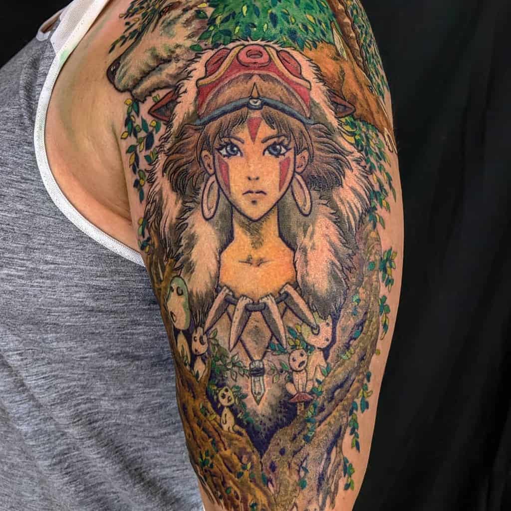 Vibrant and detailed tattoo covering the upper arm, featuring a character wearing a wolf mask and fur, surrounded by leaves and forest elements. Small figures and symbols are integrated into the design, with bright colors and intricate shading.