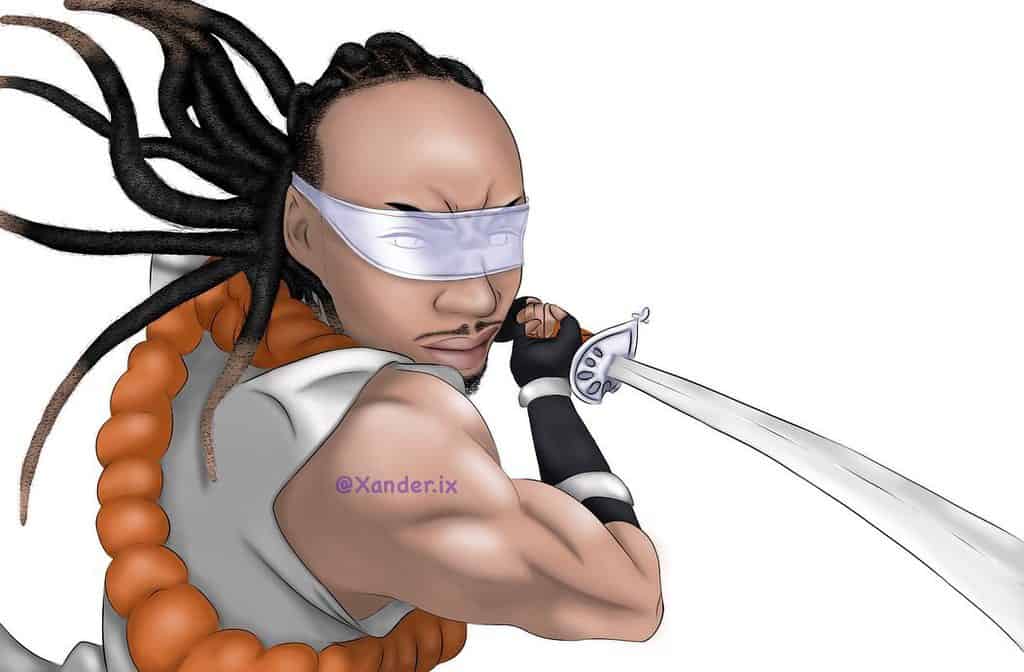 Kaname Tosen wearing dreadlocks tied at the back to form a ponytail