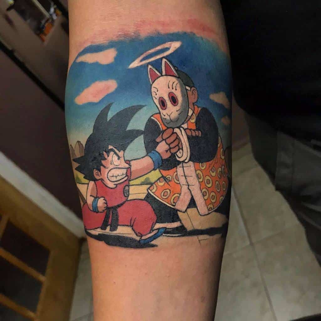 A colorful tattoo featuring Goku from Dragon Ball fighting the character Mr. Satan, with a playful scene, vibrant background, and unique art style.
