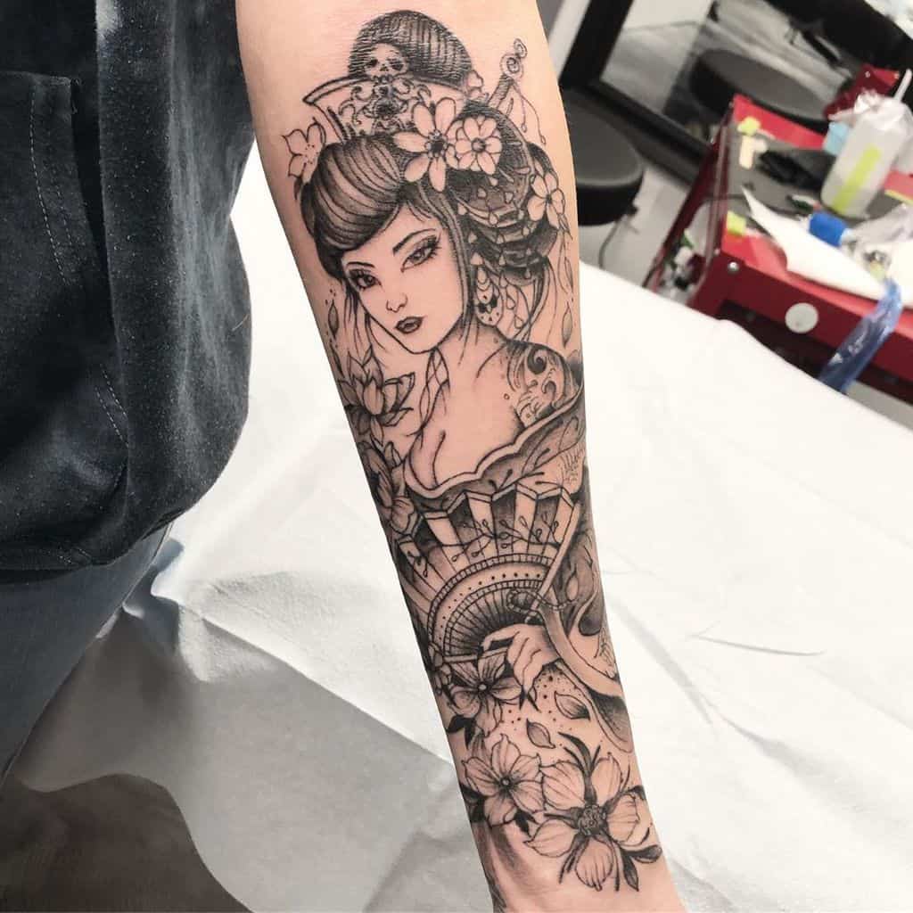 Intricate black and gray forearm tattoo of a Geisha with floral hair ornaments, holding a detailed fan, surrounded by cherry blossoms and a skull.