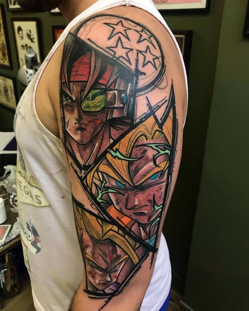 A tattoo featuring multiple images of Vegeta and Trunks from Dragon Ball, surrounded by angular shapes and a Dragon Ball symbol at the top.