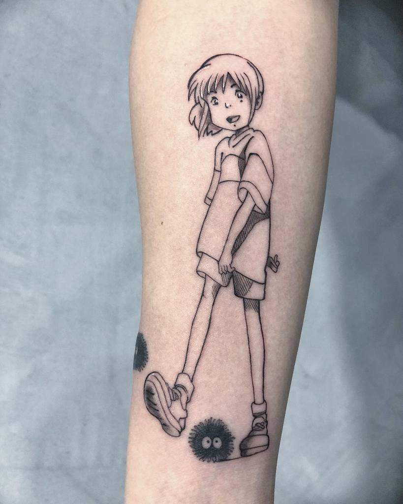 Fine-line Spirited Away tattoo of Chihiro with a cheerful expression, standing alongside soot sprites
