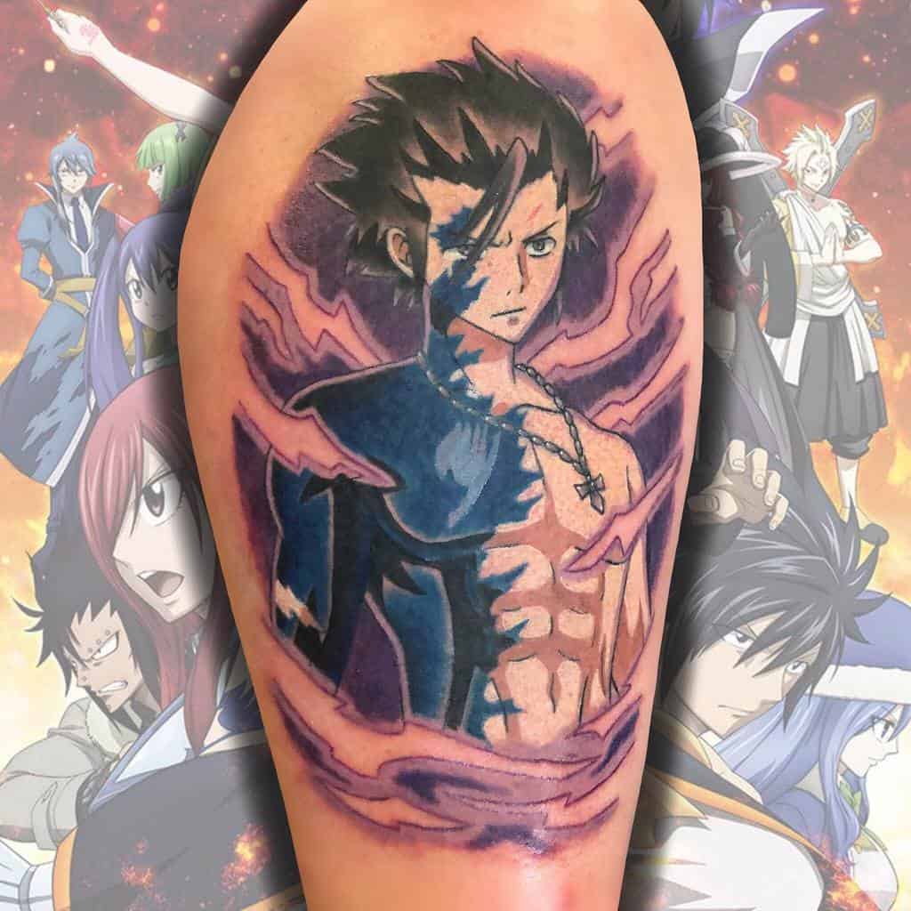 Vibrant tattoo of Gray Fullbuster from Fairy Tail, showcasing his Devil Slayer form with intense blue and purple energy effects on the arm.