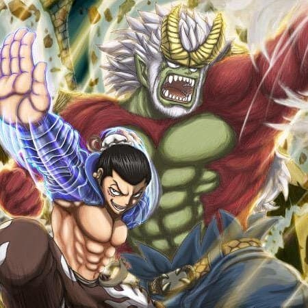 An anime warrior wearing hair buns with a top knot styled on the top of his head