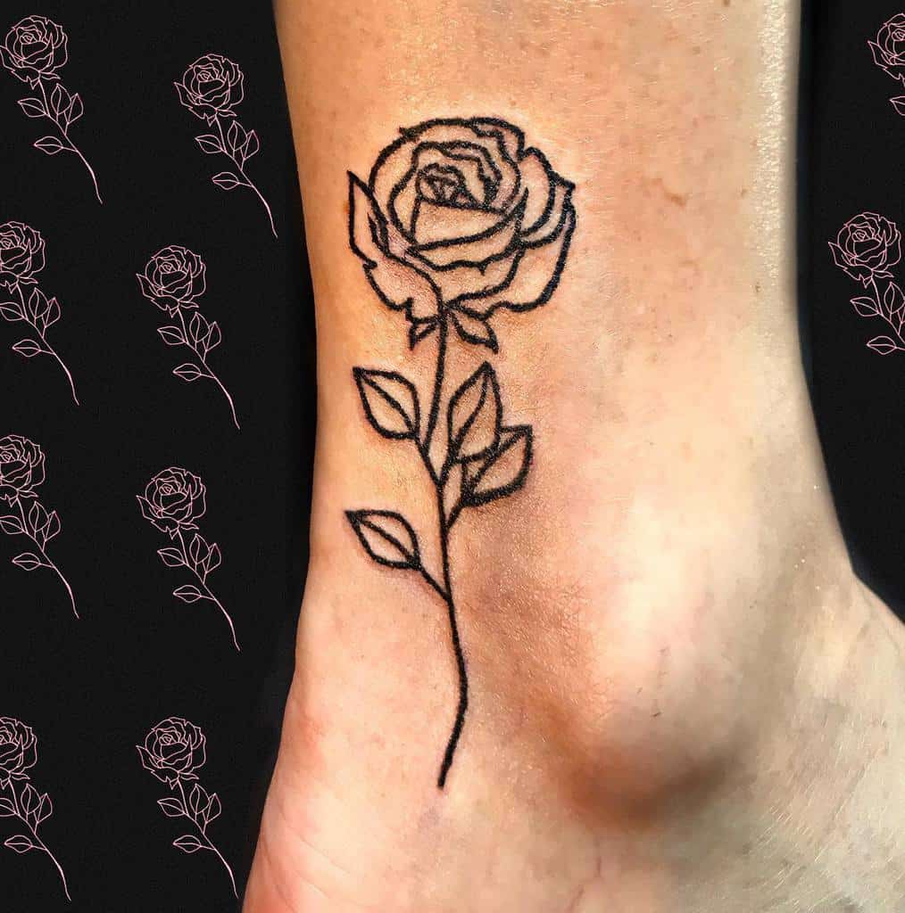 Line art rose tattoo on an ankle