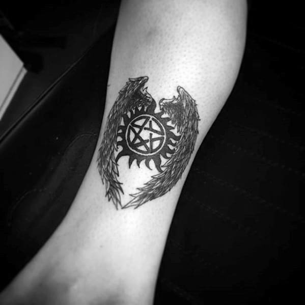 Anti Possession With Wings Male Supernatural Leg Tattoos