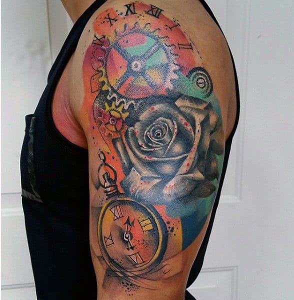 Antique Clock And Flower Watercolor Tattoo On Arms For Male