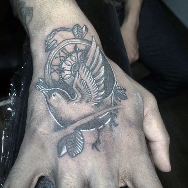 Antique Clock And Sparrow Tattoo on Man's Hands