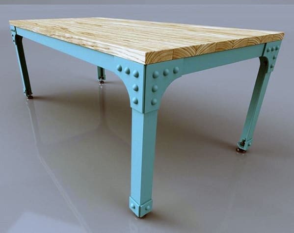Industrial-style dining table with light wooden top and antique blue metal frame.