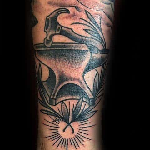 Anvil With Hammer Olive Branch Mens Tattoos