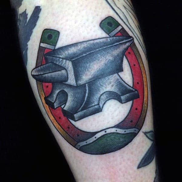 Anvil With Horseshoe Guys Forearm Tattoo