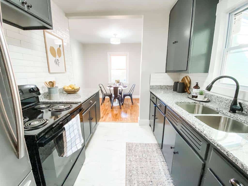 apartment open-plan galley kitchen black cabinets granite countertop