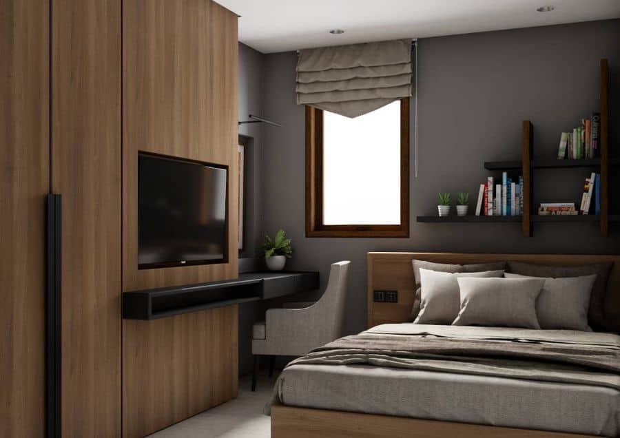 modern bedroom apartment with built-in desk and tv