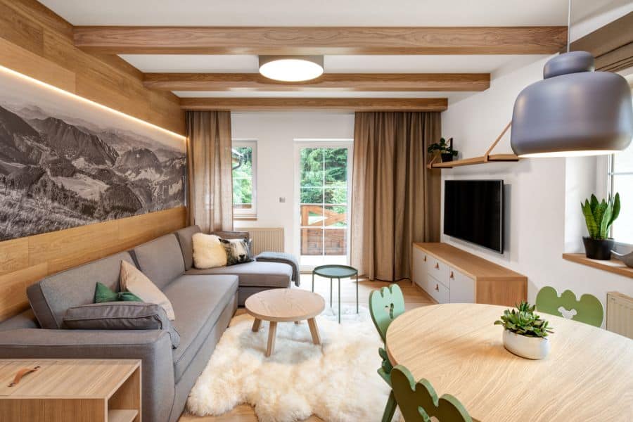 modern open plan living room with wood accents