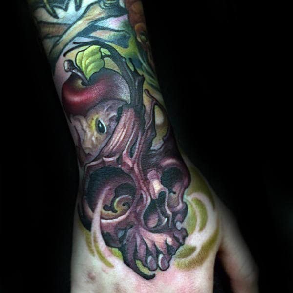 Apple And Skull New School Tattoo Male Forearms